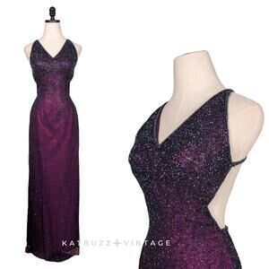 Vintage Scala Prom Dress Maxi Gown S Purple Pink 90S Y2K Glam Bead Long Pageant
